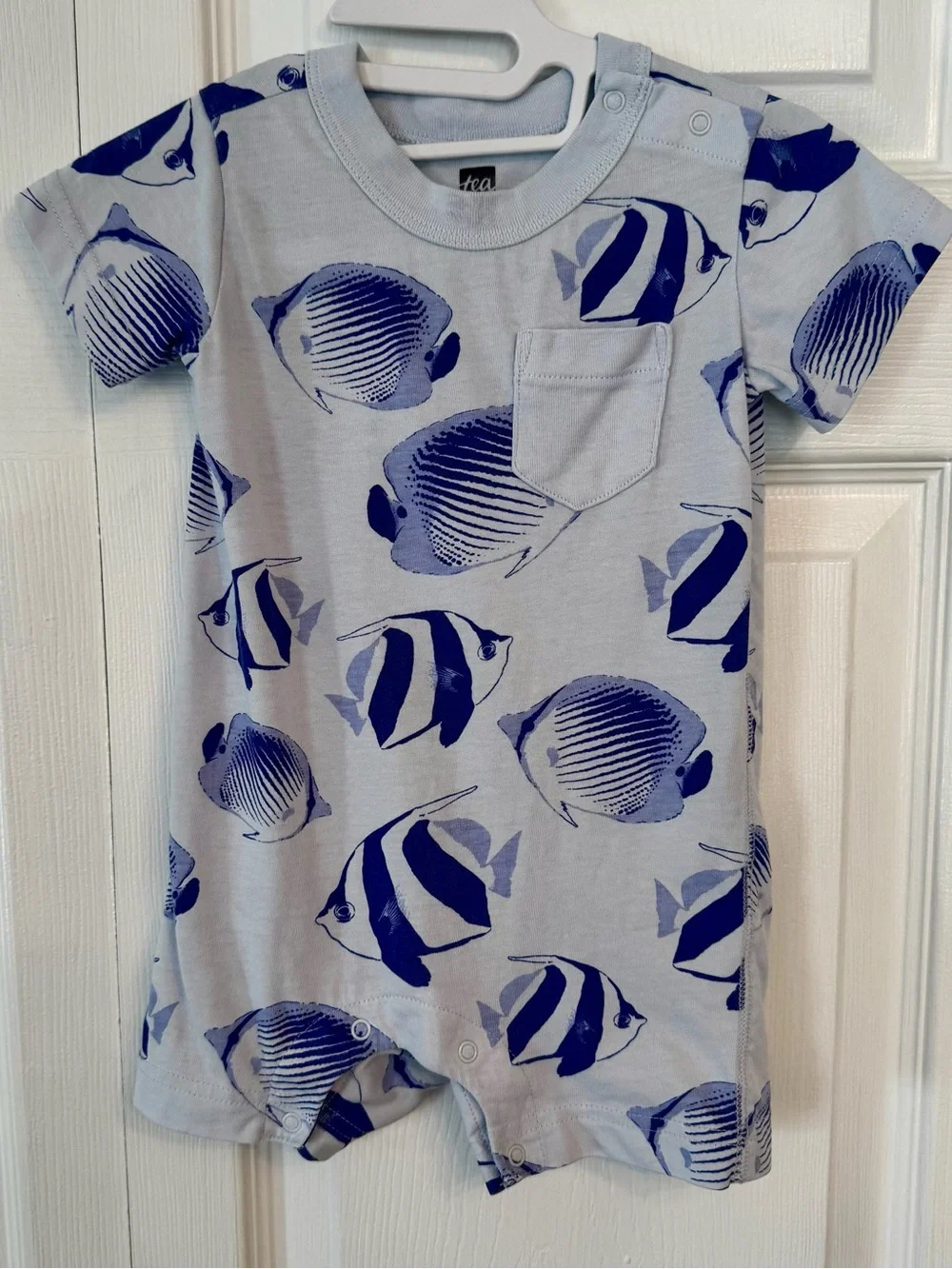 EUC Tea Collection Short-Sleeve Cotton Romper with pocket, blue sharks